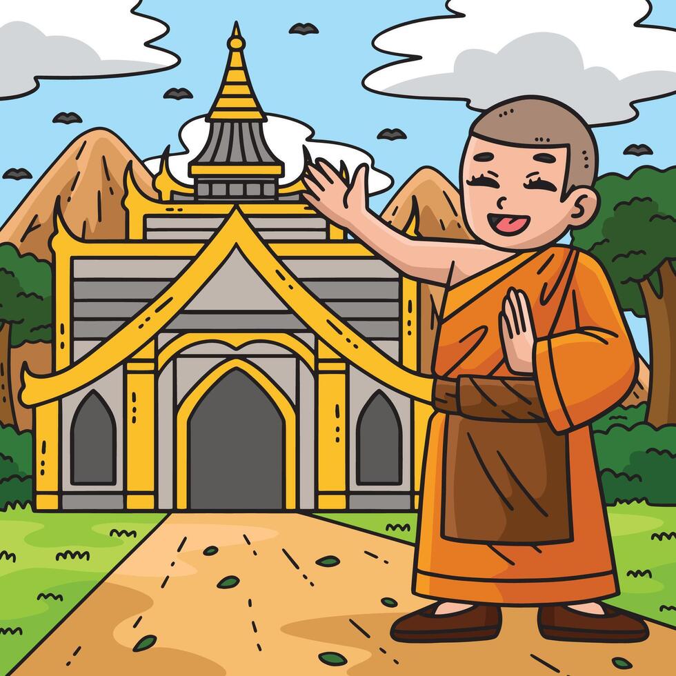 Buddhism Buddhist Monk and Temple Colored Cartoon vector