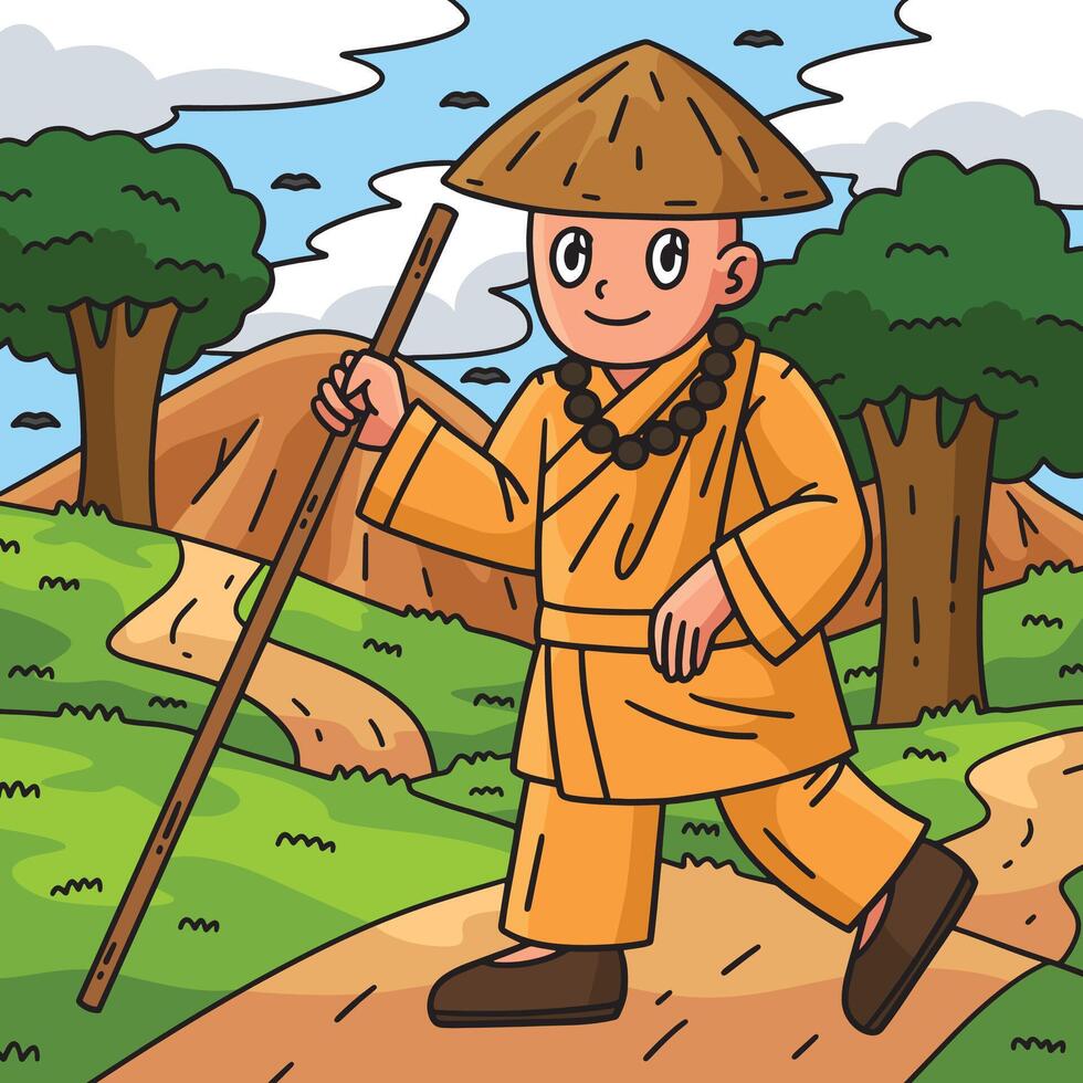 Buddhism Buddhist Pilgrim Colored Cartoon vector