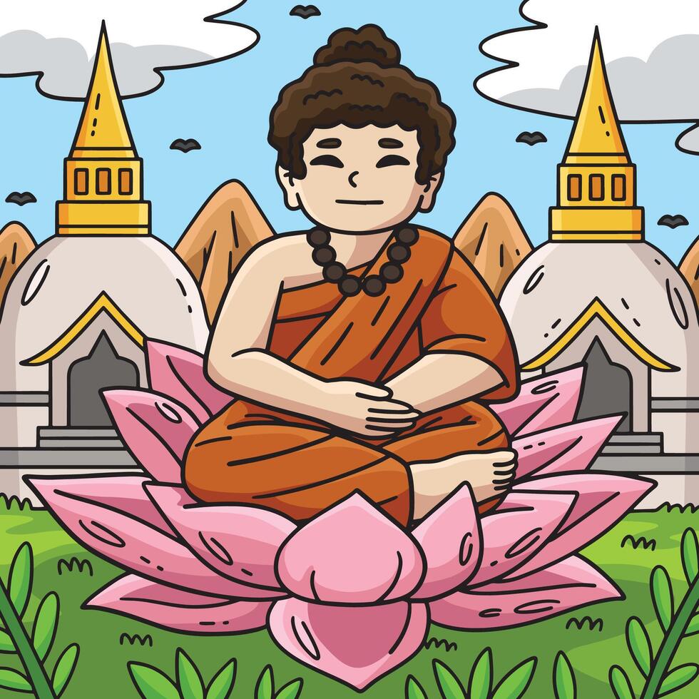 Buddhism Buddha Sitting on Lotus Flower Colored vector