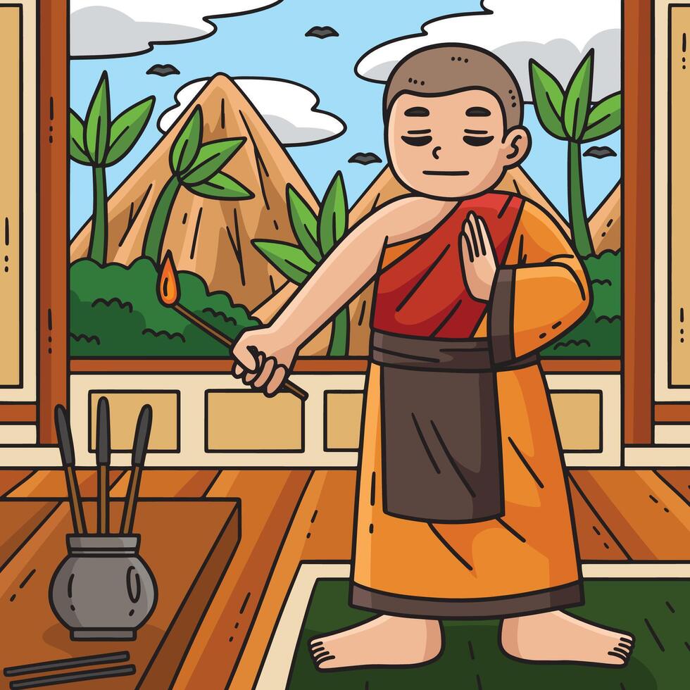 Buddhism Monk Lighting Prayer Incense Colored vector