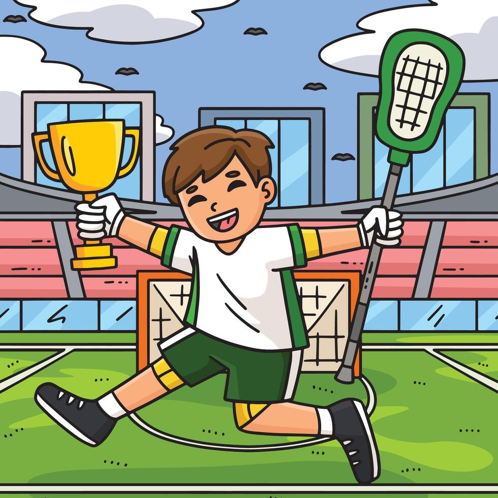 Lacrosse Player Jumping in Victory Colored Cartoon vector