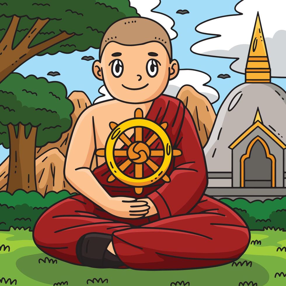 Buddhism Buddhist Monk and a Dharmachakra Colored vector
