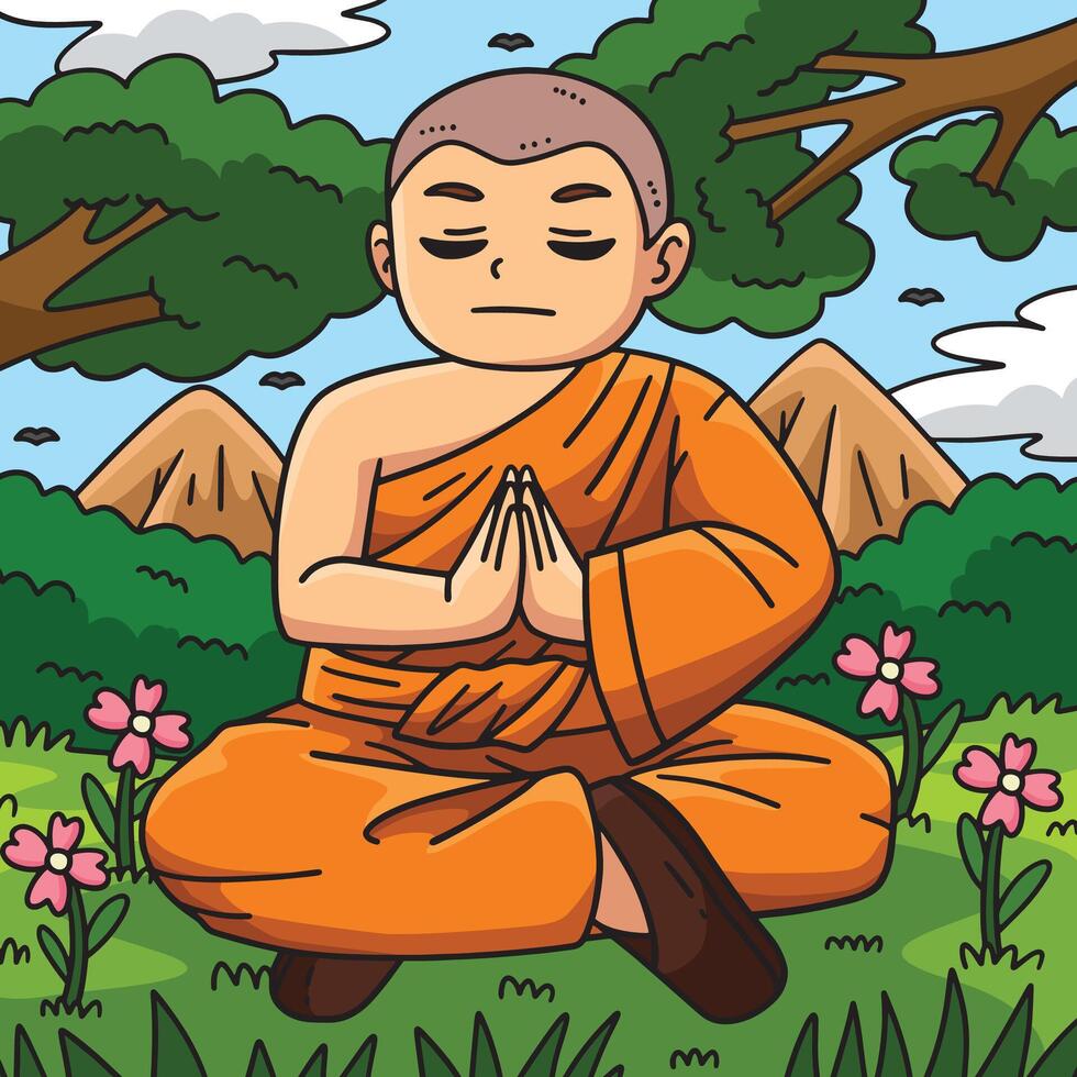 Buddhism Buddhist Monk Meditating Colored Cartoon vector