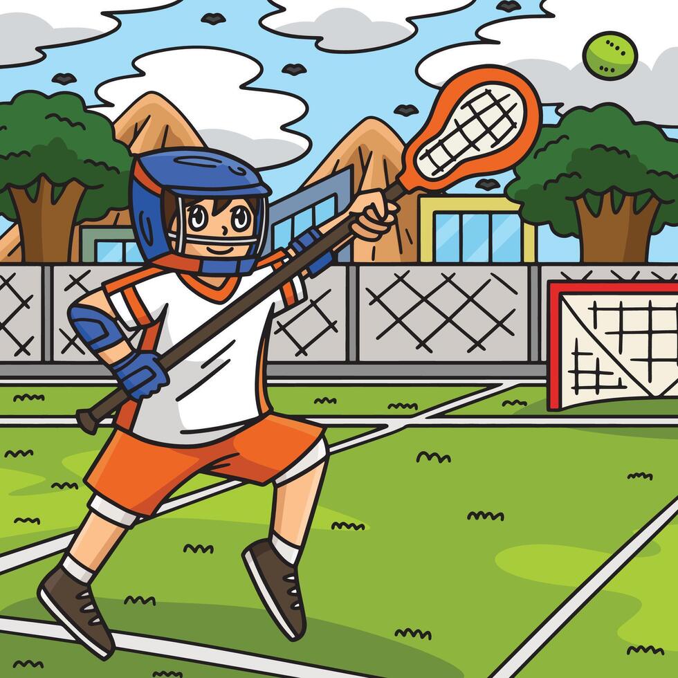 Lacrosse Player Chasing Ball Colored Cartoon vector
