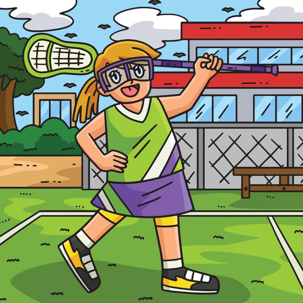 Female Player with Lacrosse Stick Colored Cartoon vector