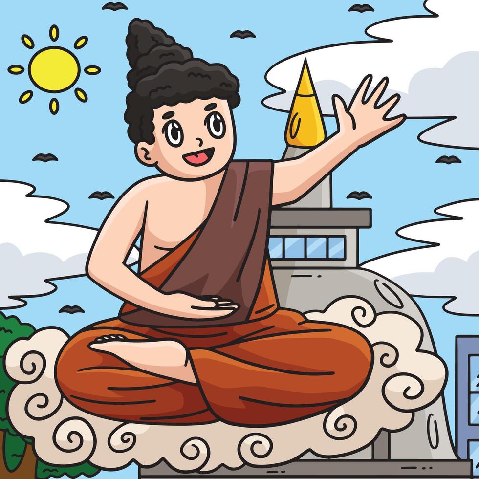 Buddhism Buddhist Buddha Sitting on Cloud Colored vector