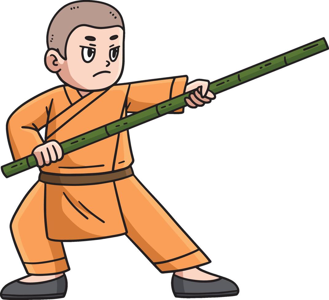 Buddhism Shaolin Monk Bamboo Stick Cartoon Clipart vector