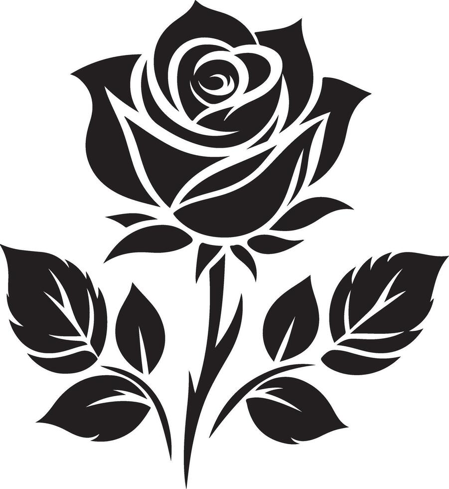 Rose with Leaves Silhouette on Stem Isolated on White Background vector