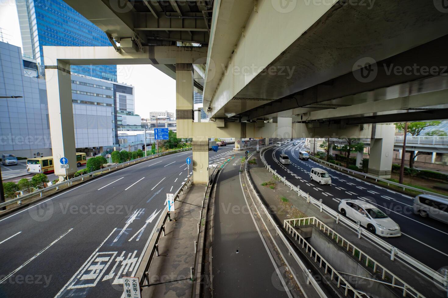 A cityscape of traffic jam at the city street in Yokohama in autumn wide shot photo