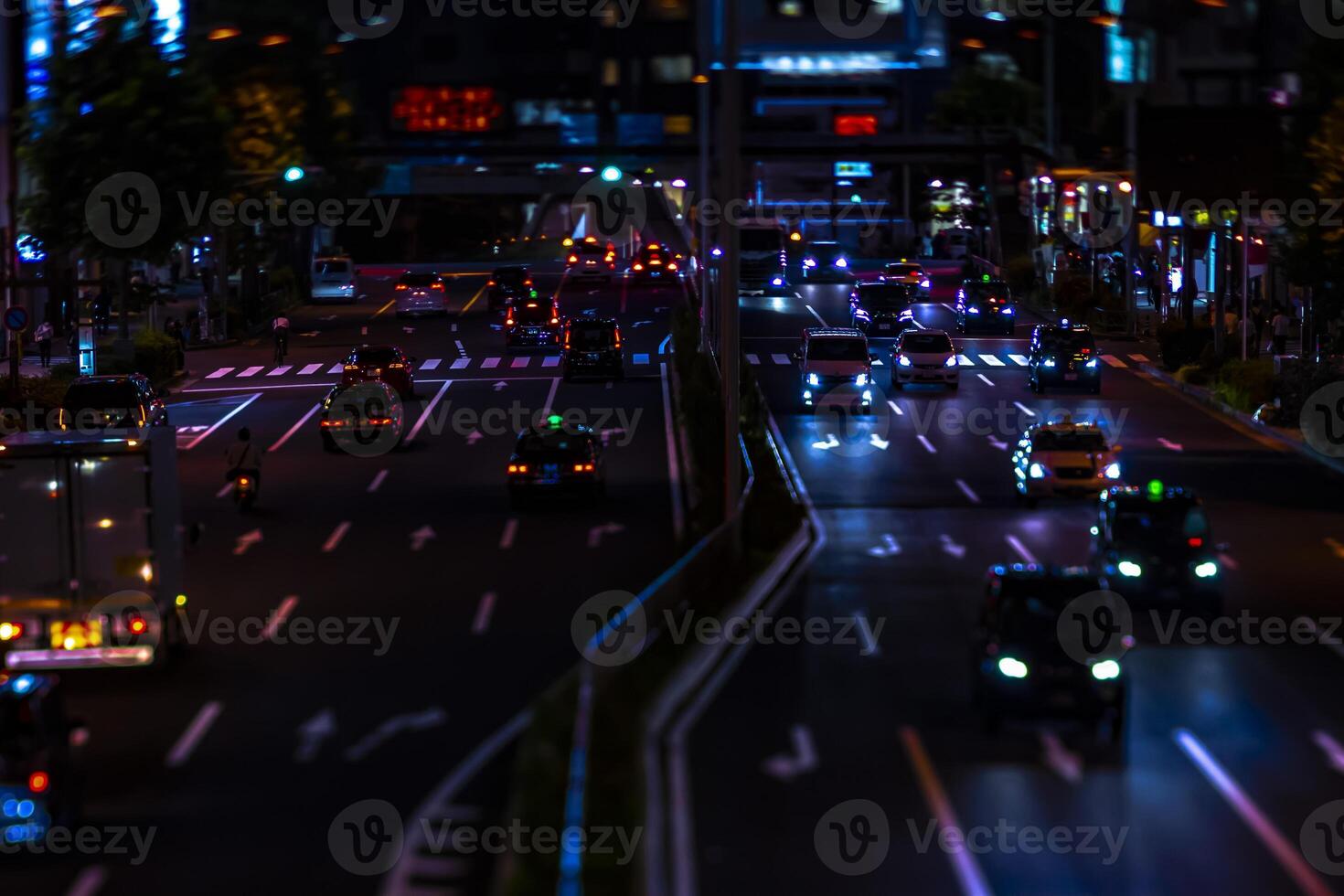 A night miniature urban city street in Aoyama tiltshift photo