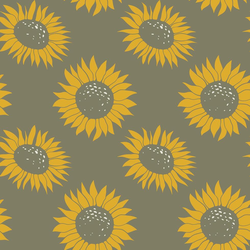 Seamless pattern with cute sunflower. Hand drawn natural autumn elements on dark background. Simple boho fall illustration. Linocut style wallpaper art. vector