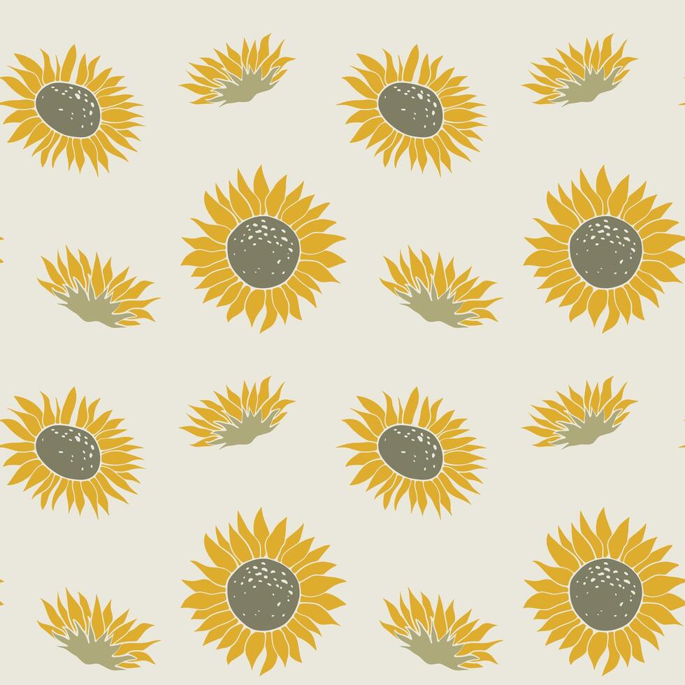 Seamless pattern with cute sunflower. Hand drawn natural autumn background. Boho fall illustration. Linocut style wallpaper art. vector