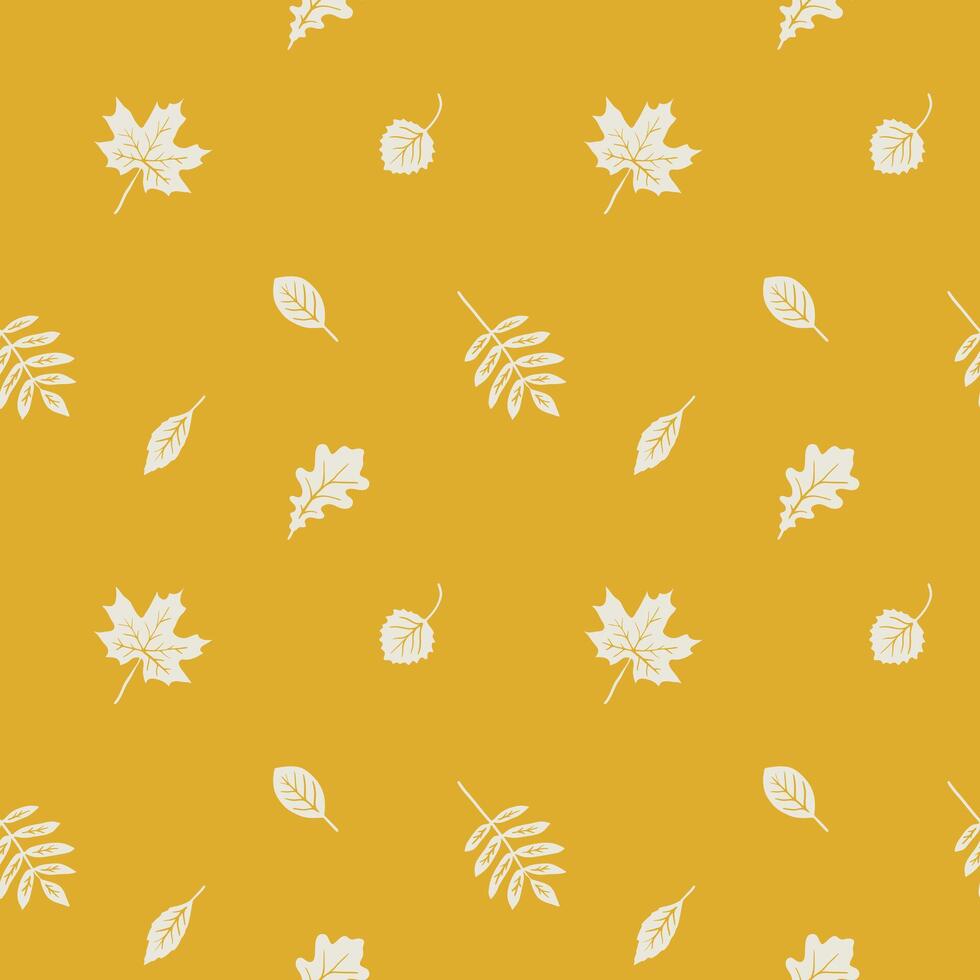 Cute yellow seamless pattern with fall leaves. Colorful hand drawn illustration and boho background. Wallpaper art with cute autumn elements. vector