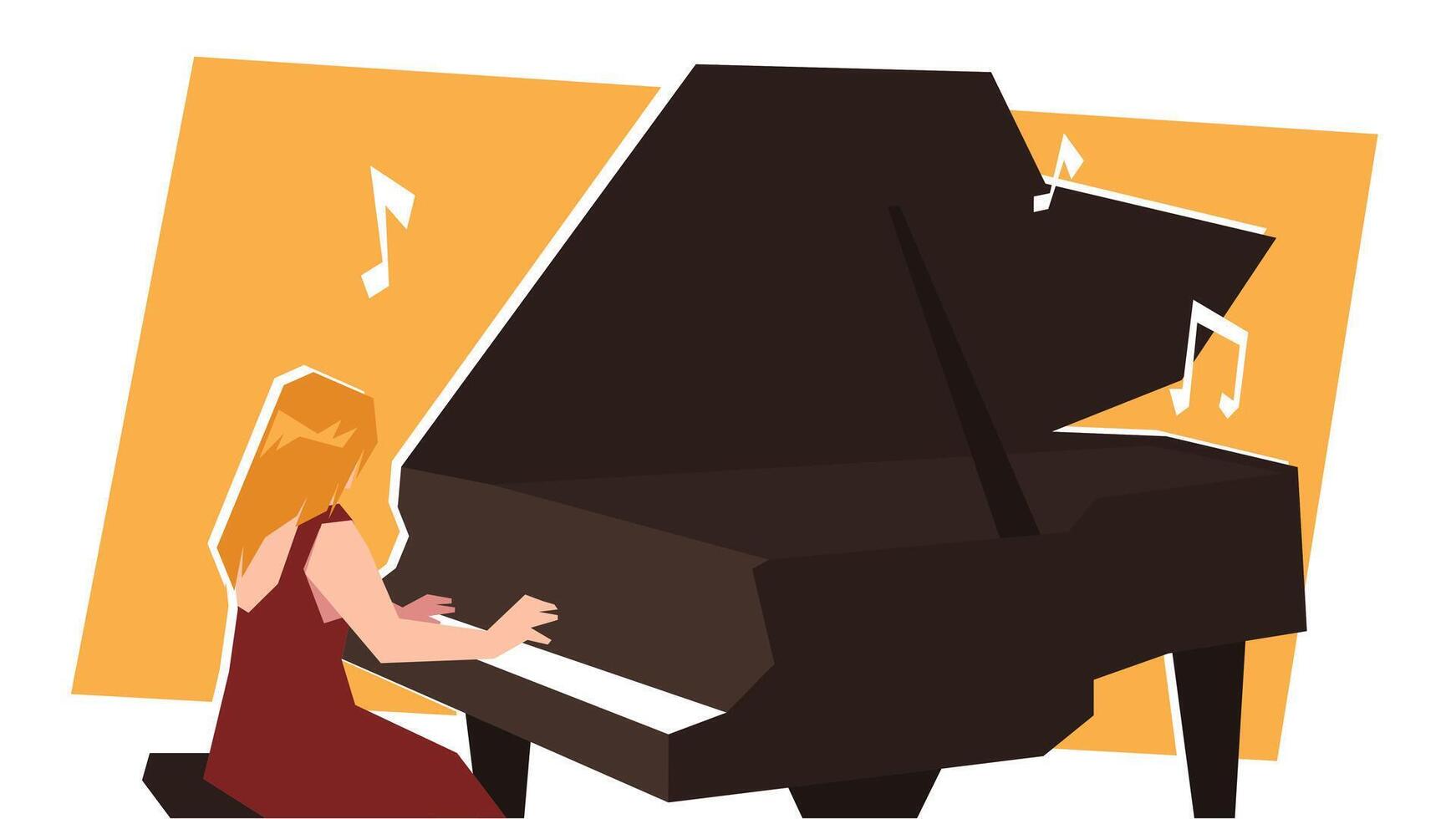 Beautiful woman playing piano. Female pianist performing on stage back view. Flat illustration. vector