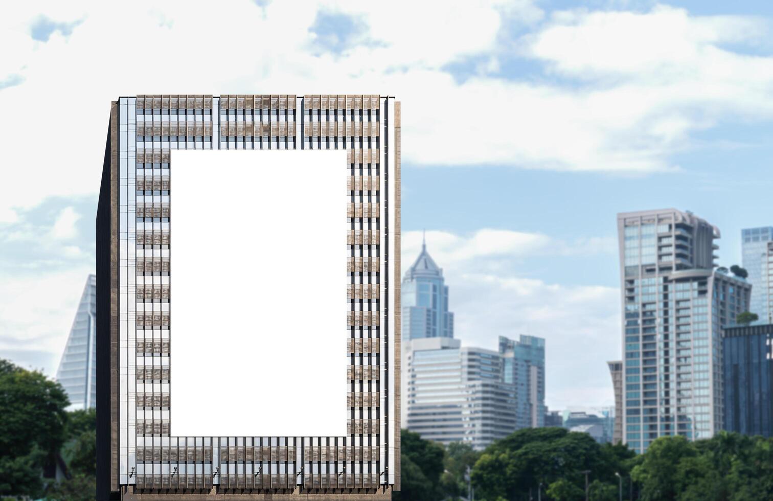 Mock up white vertical large LED display billboard on tower building with cityscape background .Clipping path for mockup photo