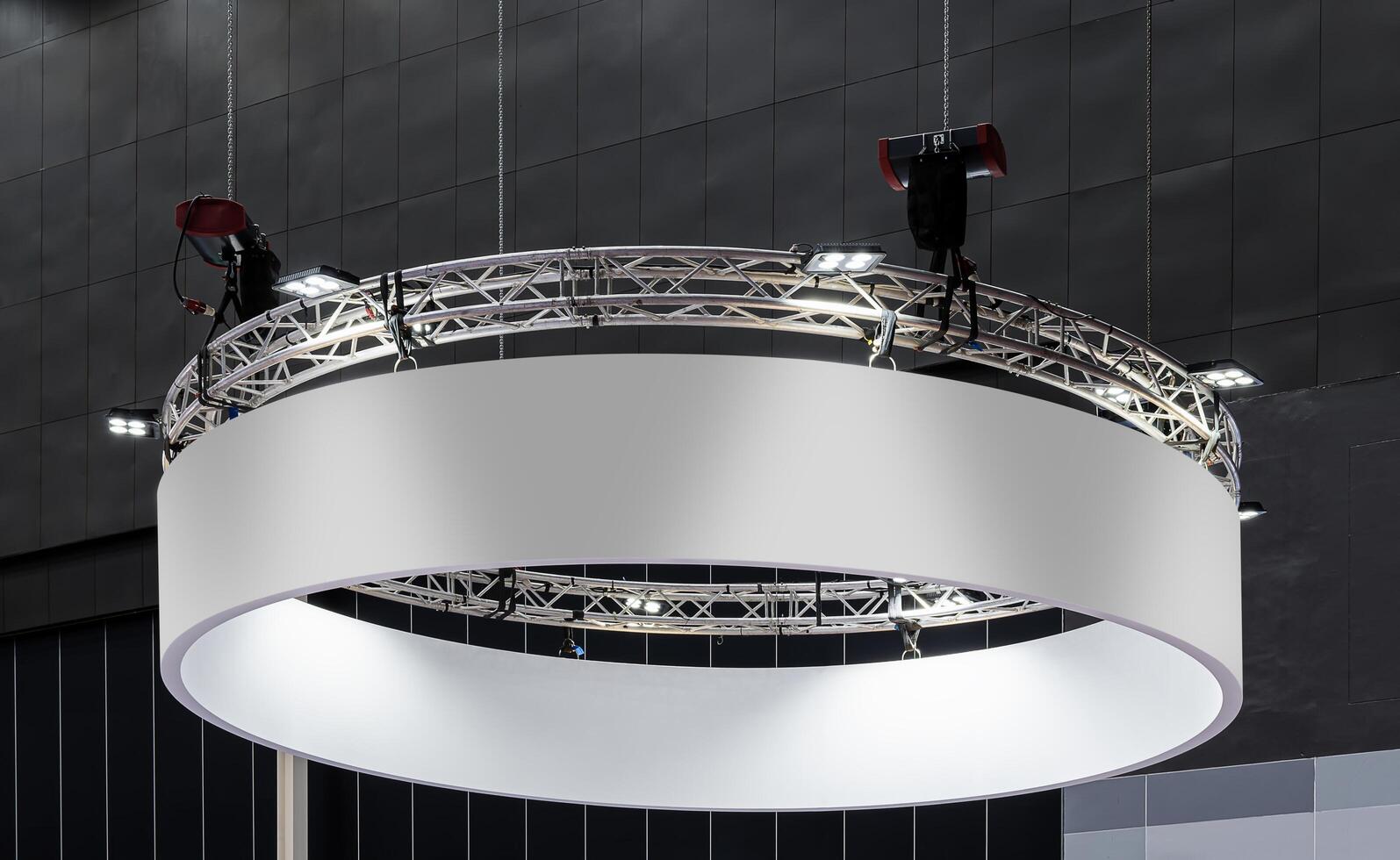 Hanging mock up white banner horizontal circle billboard. Clipping path for mockup photo