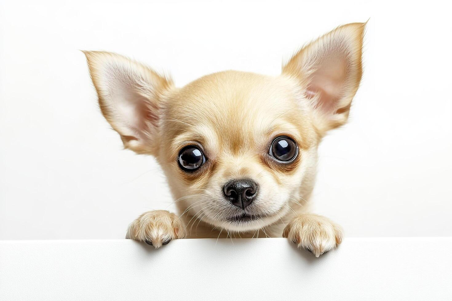 Cute chihuahua puppy looking out from behind a white board. photo