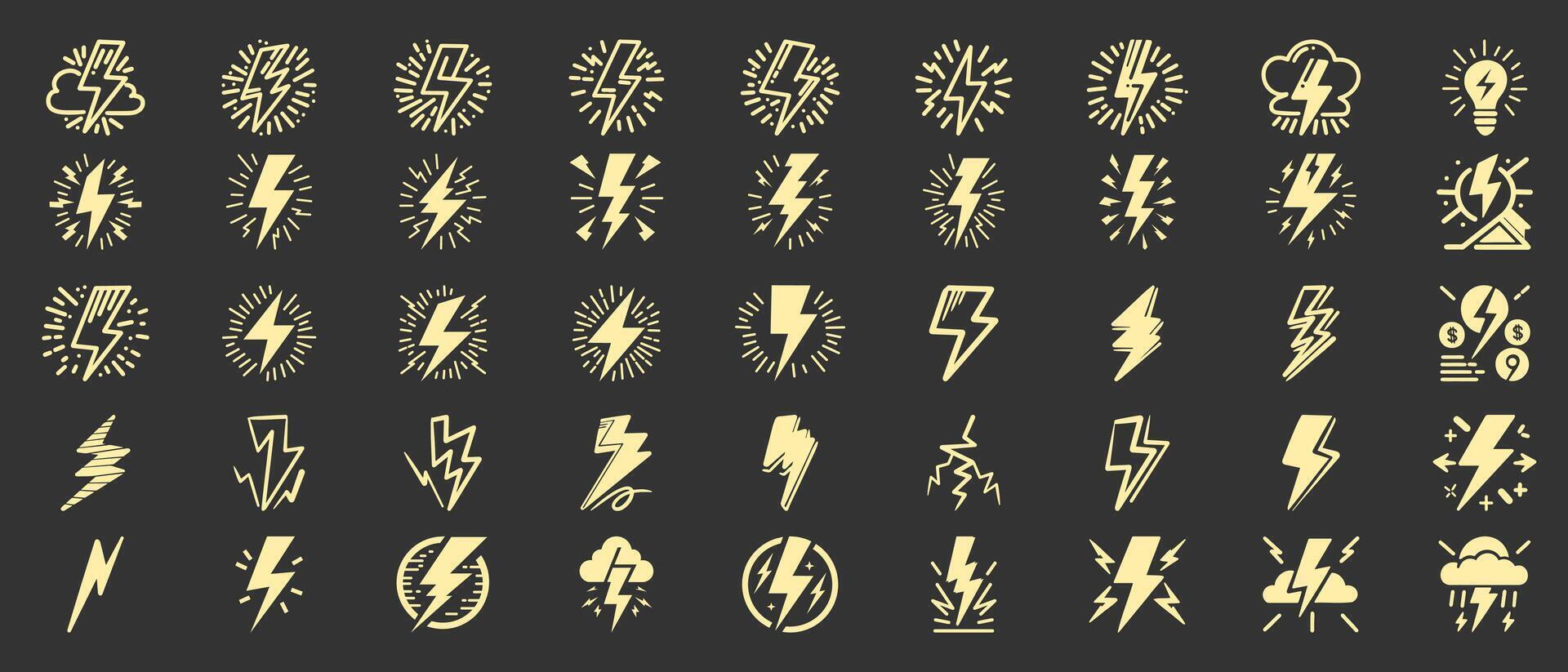 Creative collection of lightning and thunder symbols designed for weather-themed graphics and illustrations in various styles vector