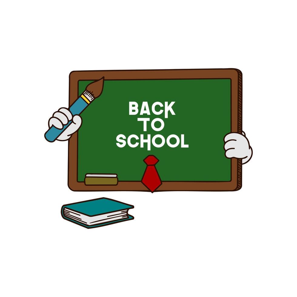 Colorful sign welcoming students back to school with a paintbrush and book by a chalkboard vector