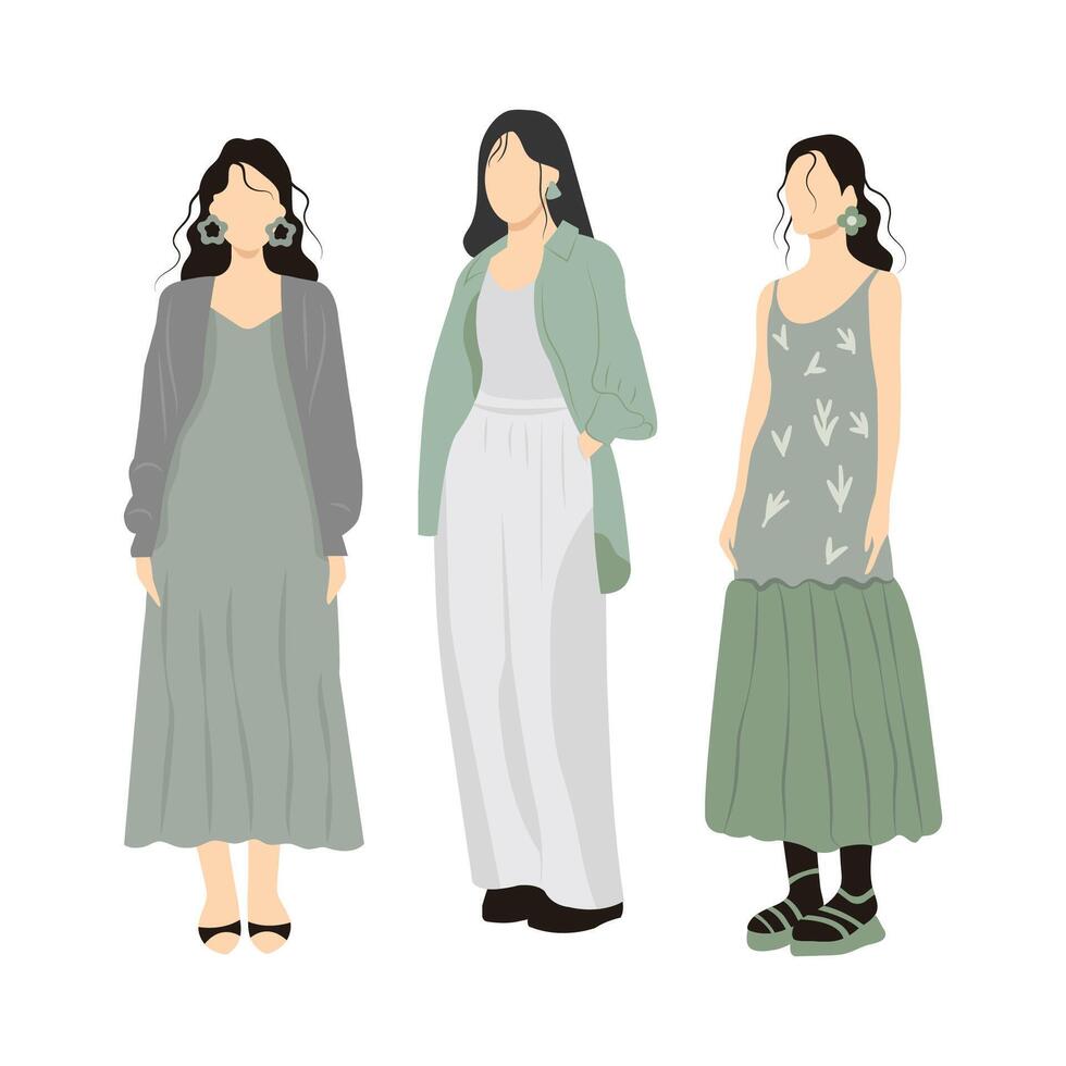 Three women in different outfits, one in a green dress, one in a gray dress vector