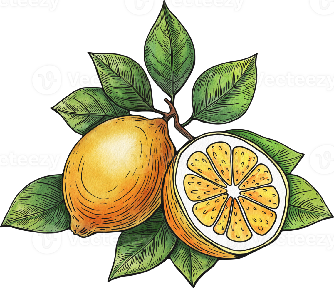 A modern sketch illustration of a yellow lemon. Line drawing png