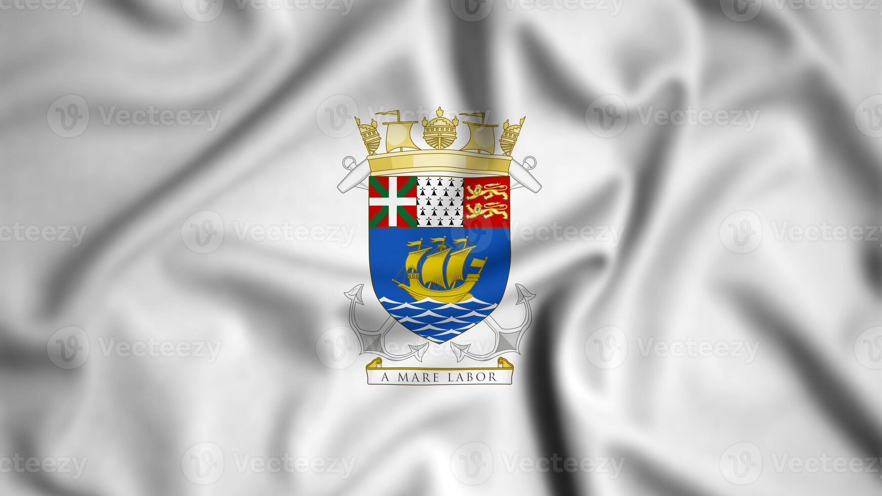 Armoiries Saint Pierreet Miquelon flag waving in the wind background illustration, silk photo