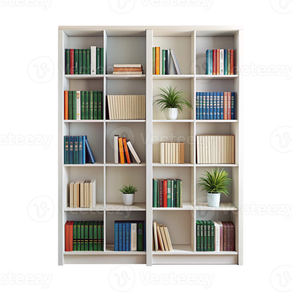 A bookcase with books and plants on it png