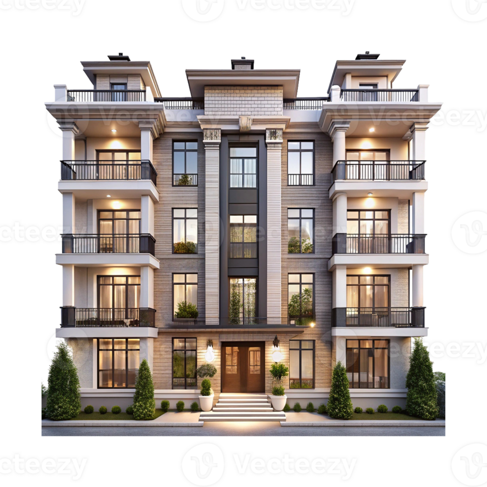 A modern apartment building with balconies and windows png