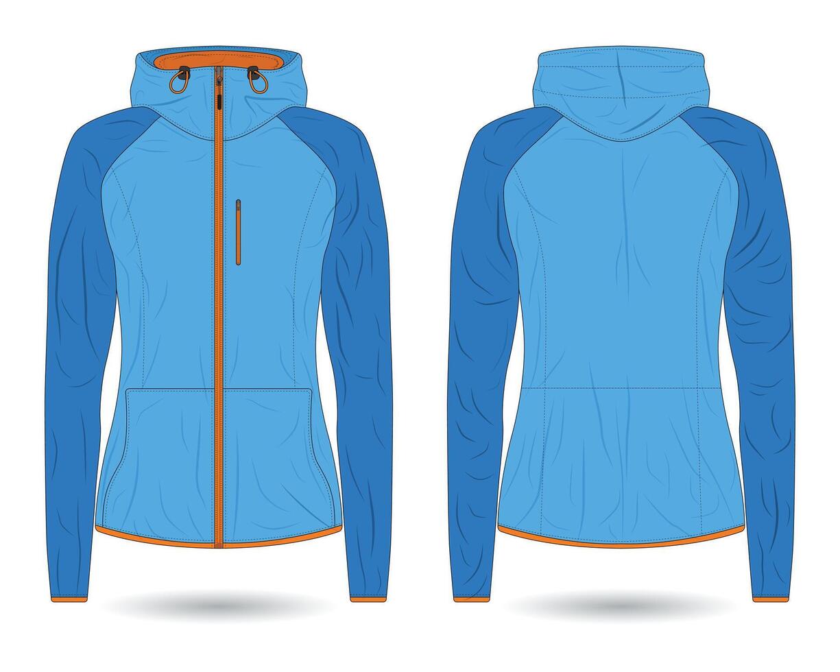Blue women's outdoor adventure jacket mockup vector