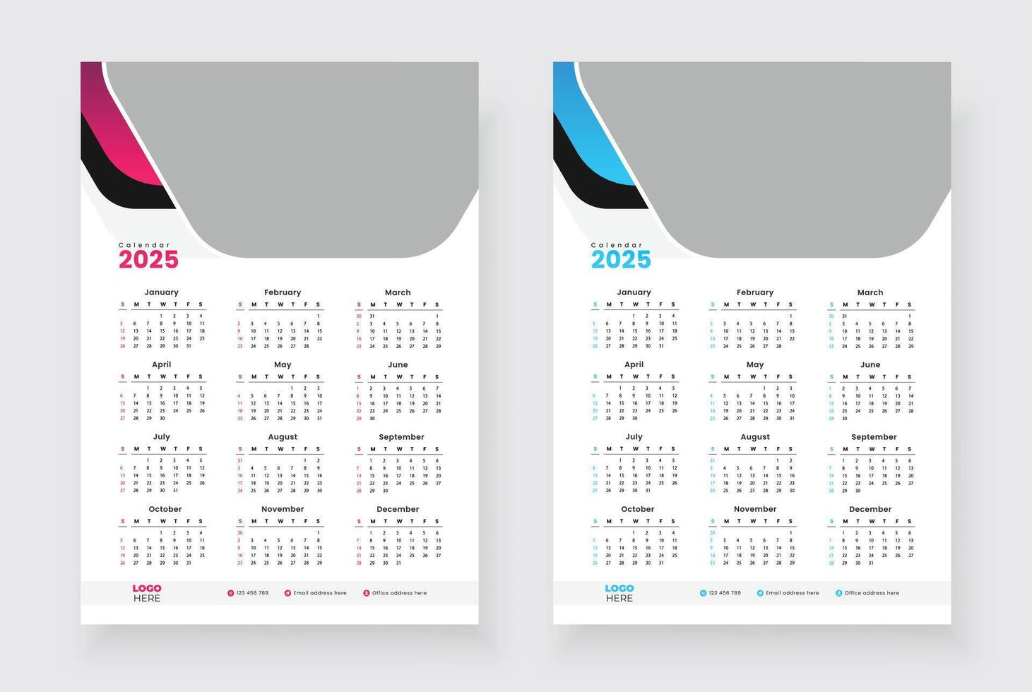 2025 one page calendar design template, Week starts on Sunday, Modern 12 months one page calendar. vector