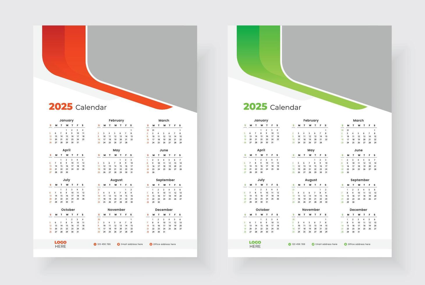 2025 one page calendar design template, Week starts on Sunday, Modern 12 months one page calendar. vector