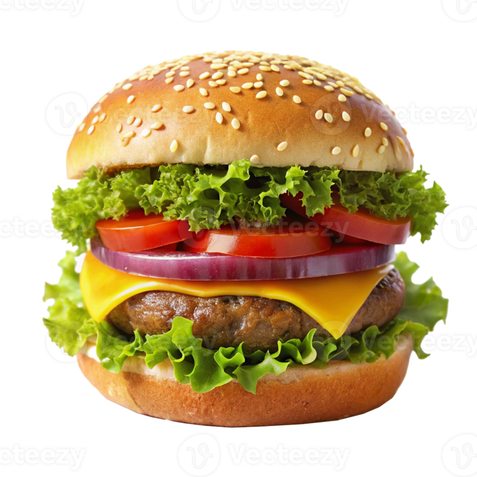 A hamburger with cheese, lettuce and tomatoes png