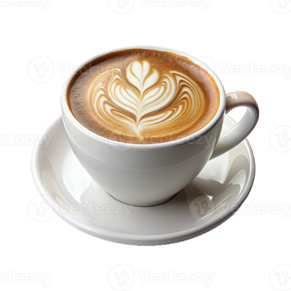 A cup of coffee with a leaf design on top png