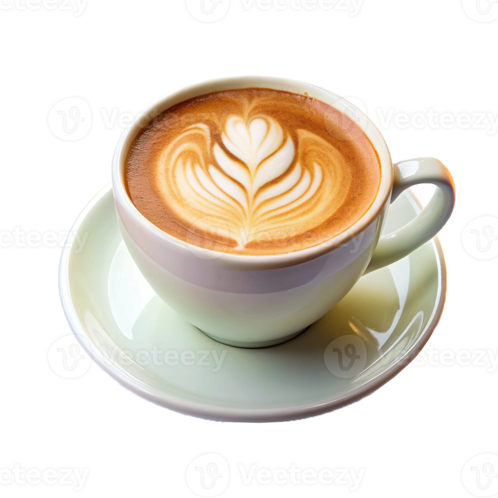 A cup of coffee with a leaf design in the middle png