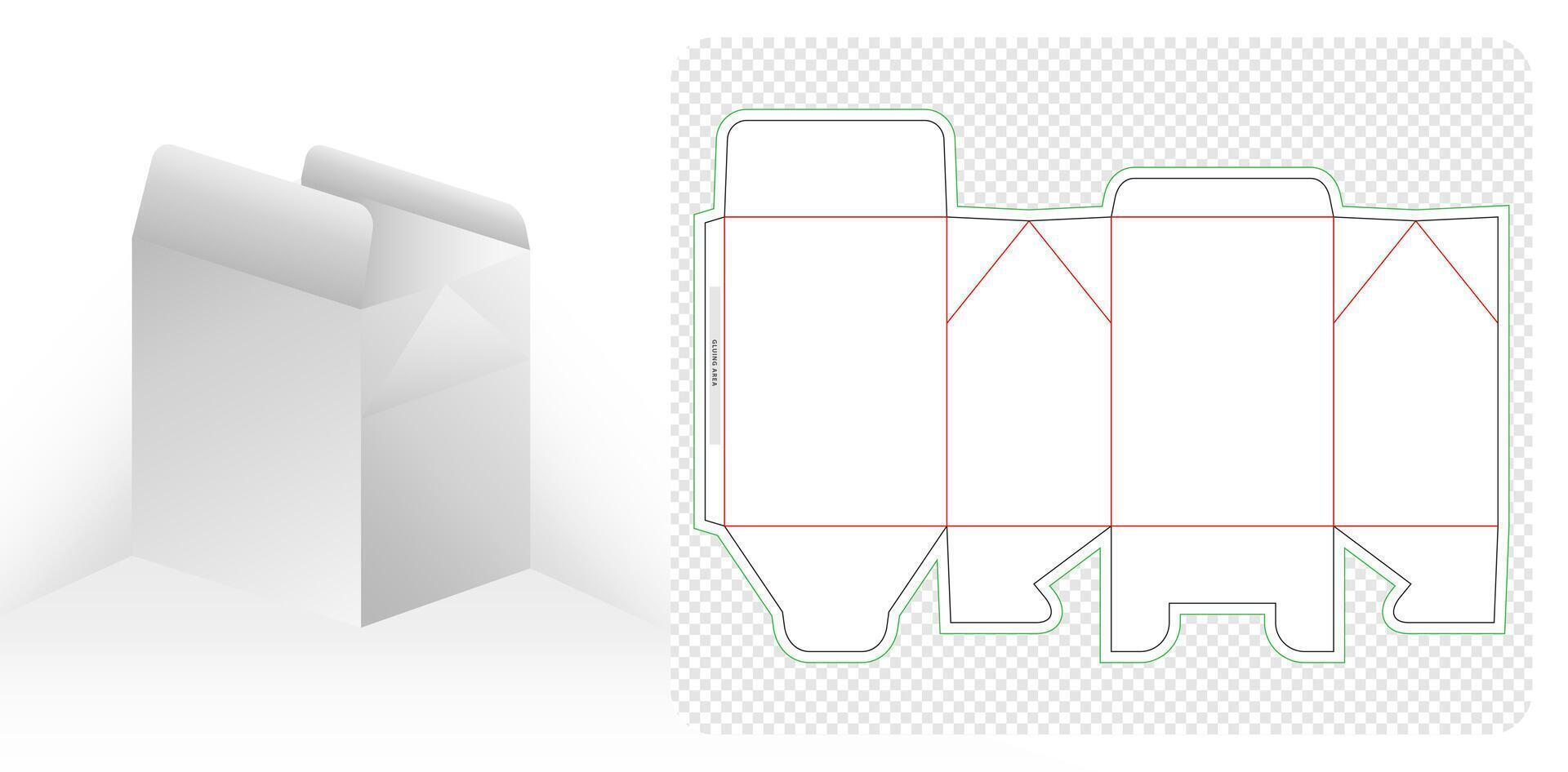 Box packaging die cut templates designs 3d mockup a white box with a foldable lid and a paper cutout isolated backgrounds for stationary gift box, merchandise packaging template, bakery shops products vector