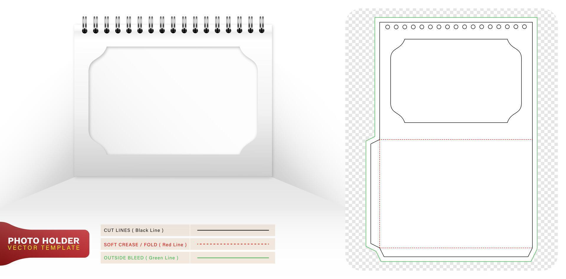 Die cut Photo holder spiral binding blank papers templates isolated for your designs, packaging branding, product compartment unique designs, minimalist conceptual holder, stationery packs, 3d mock-up vector