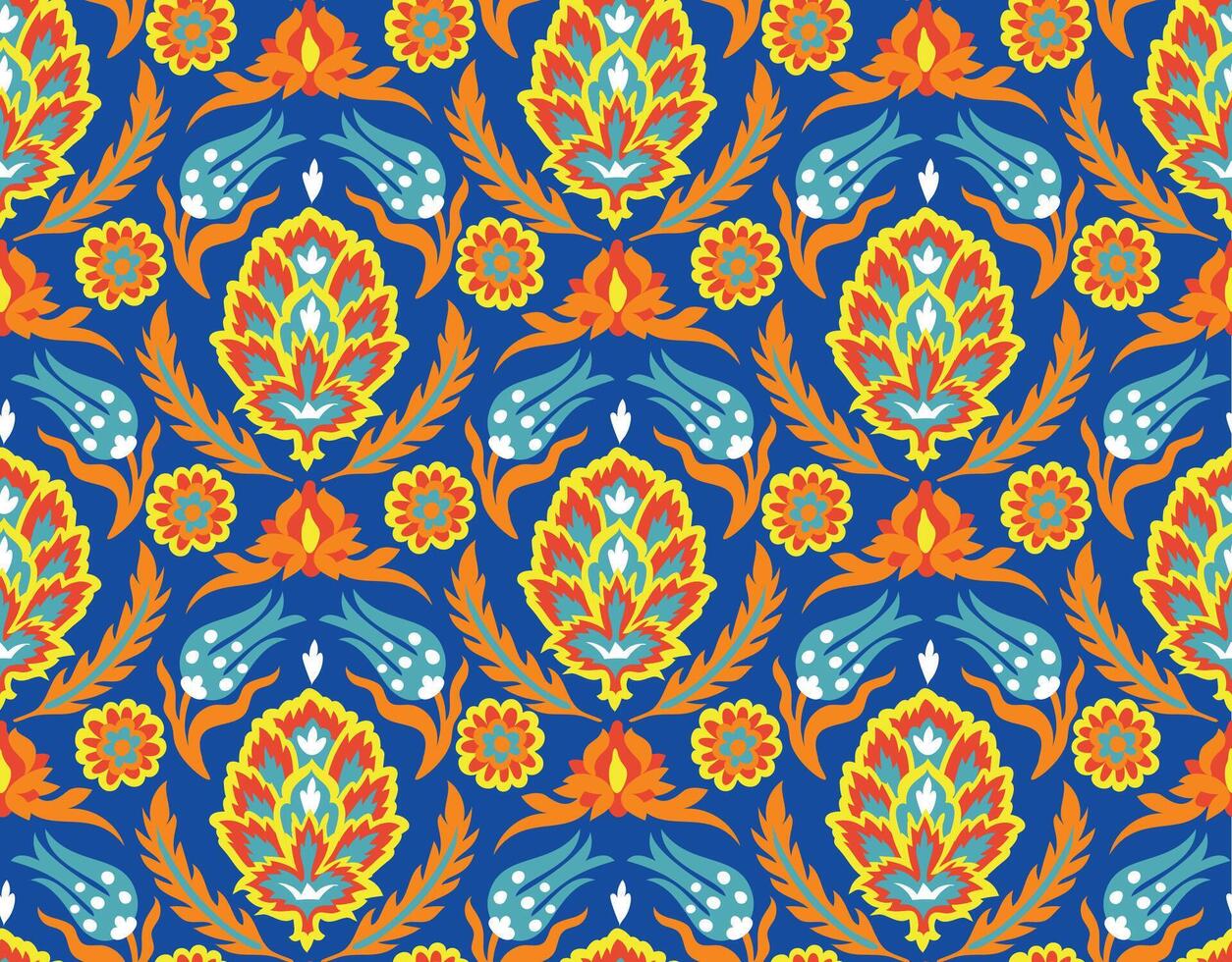 An ornamental pattern with blue and orange flowers vector