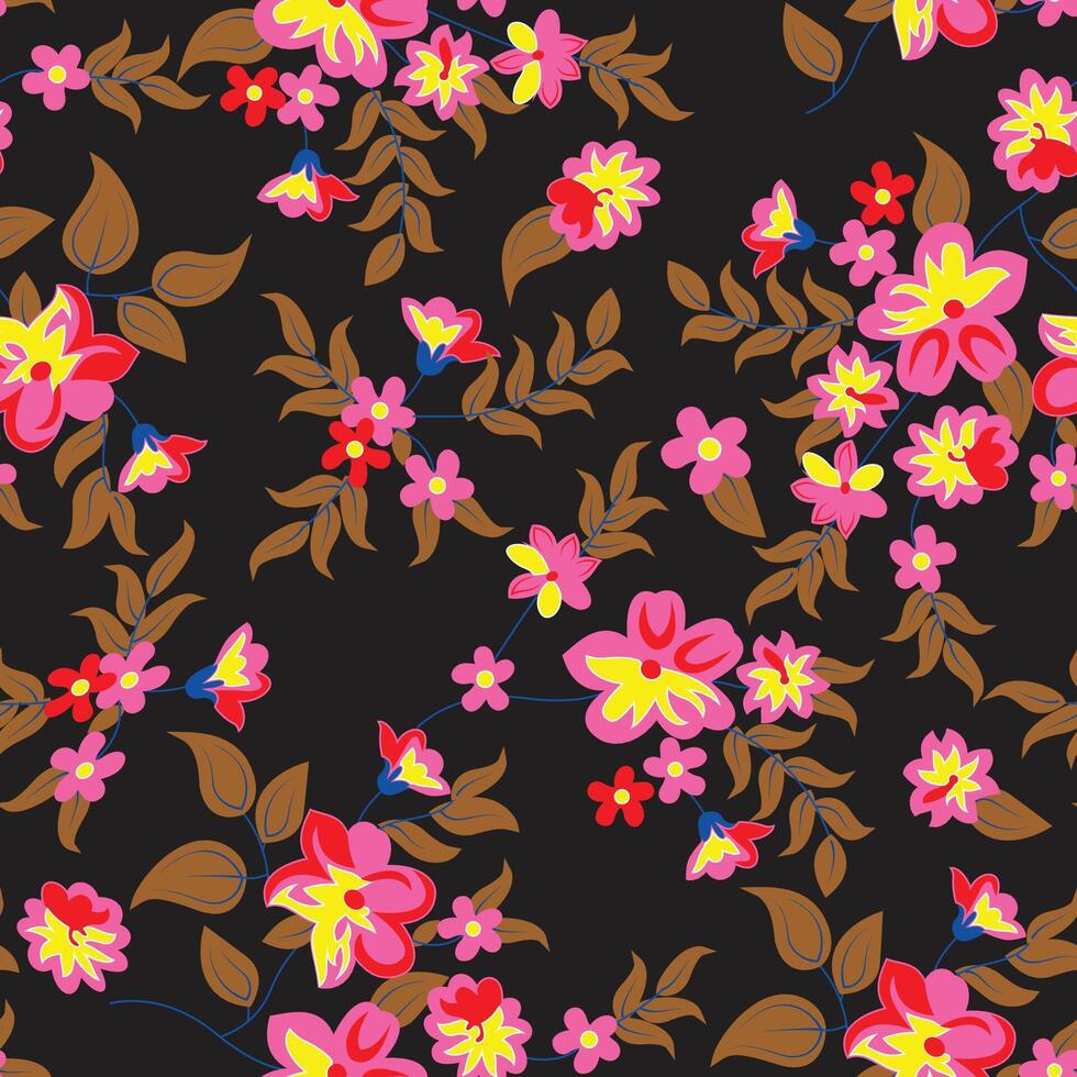 A pattern with pink and yellow flowers on black background vector