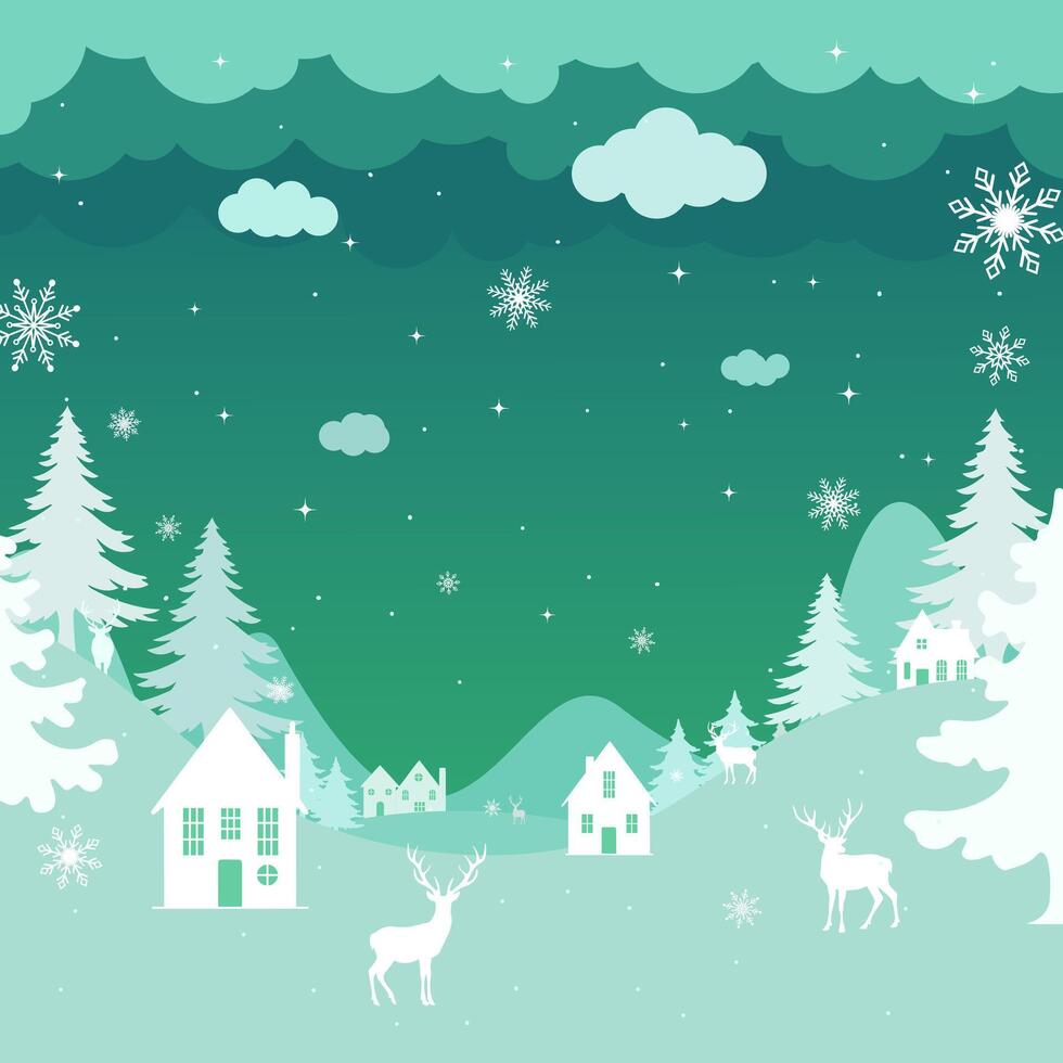Christmas background. Illustration Winter landscape with deer and fir trees in the snow, village in the night sky with stars, snowfall. Green background. vector