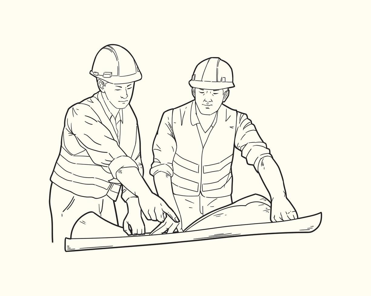 Hand draw Illustration of manager listening construction concept presentation from architect. Building architecture business concept. line art. vector