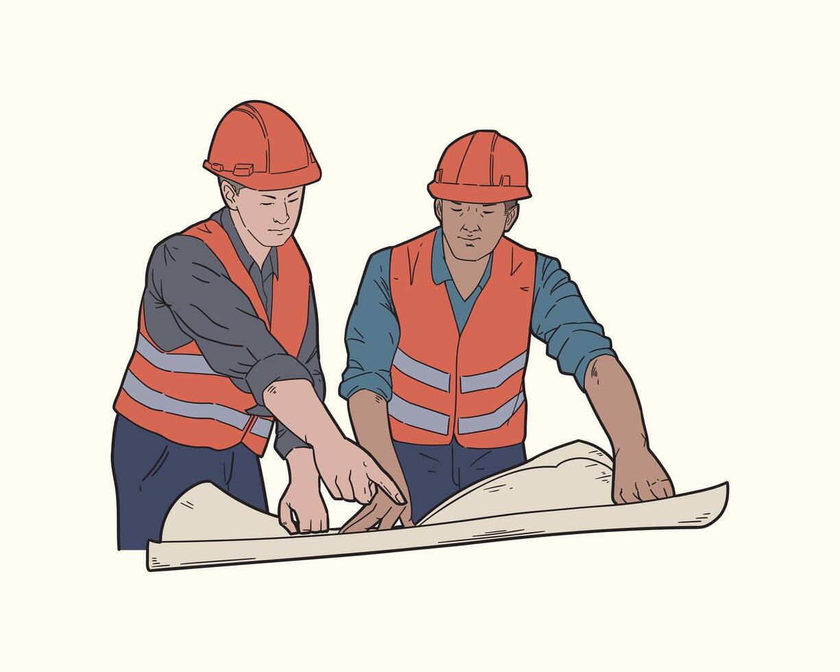Hand draw Illustration of manager listening construction concept presentation from architect. Building architecture business concept. flat color. vector