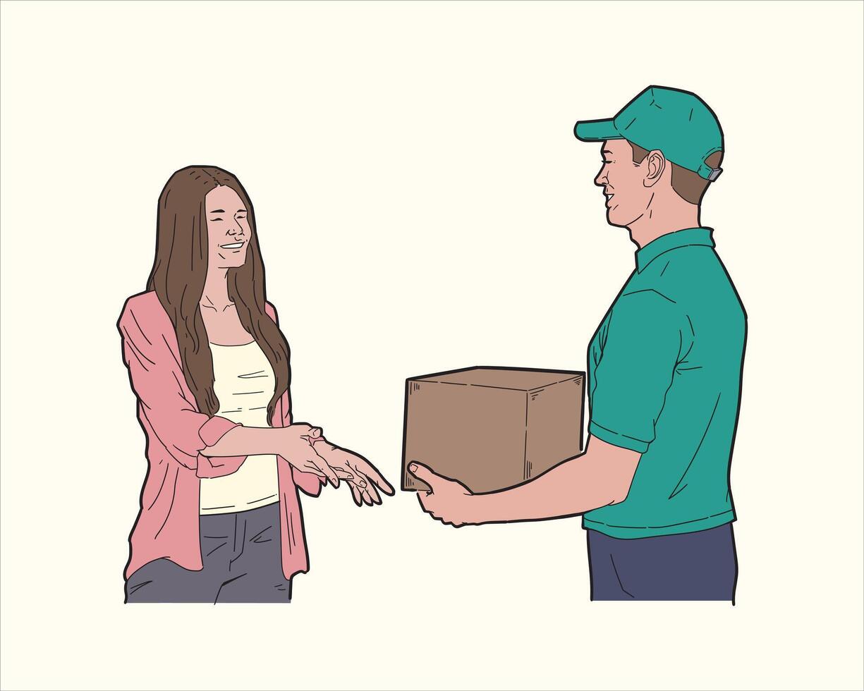 Illustration of delivery man giving package to customer wearing green shirt. Flat color . vector