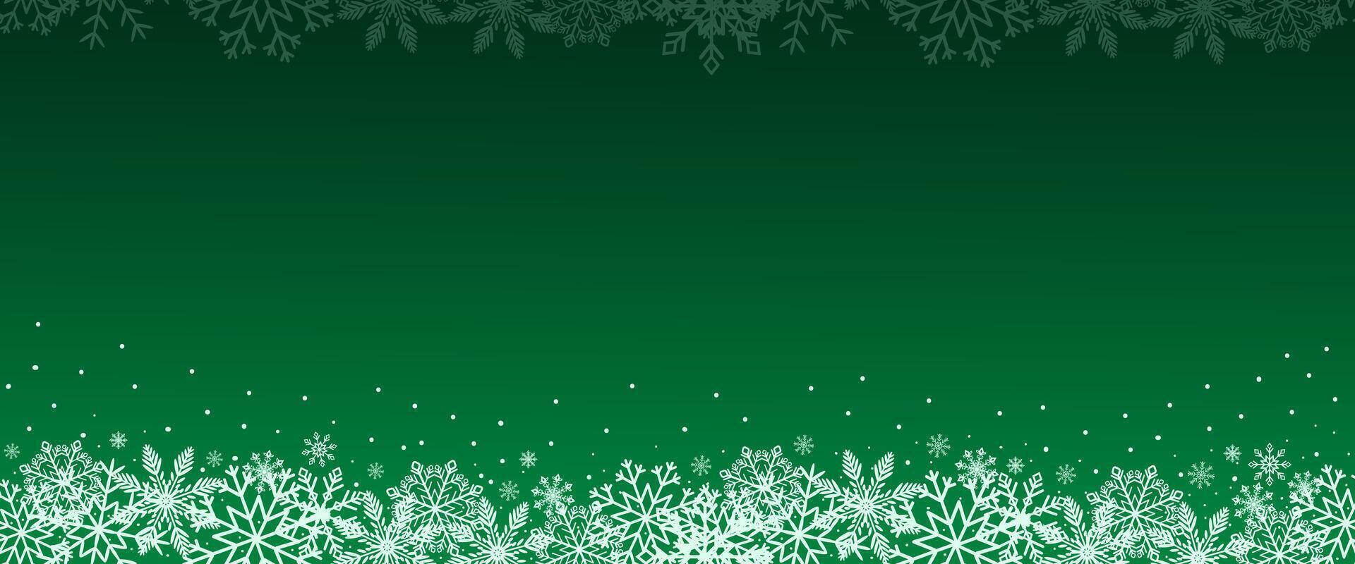 Green Christmas banner with snowflakes. Merry Christmas and Happy New Year greeting banner. Horizontal new year background, headers, posters, cards, website, leaflets and flyers. . vector