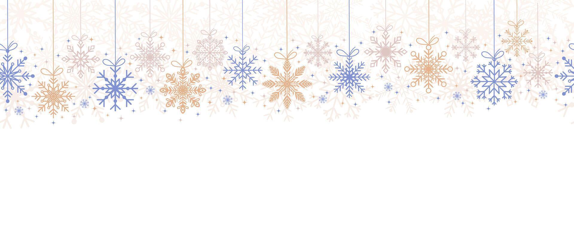 Seamless snowflake border, festive decoration on white background, Merry Christmas design for greeting card, horizontal new year background, headers, posters, cards, website, and flyers. . vector