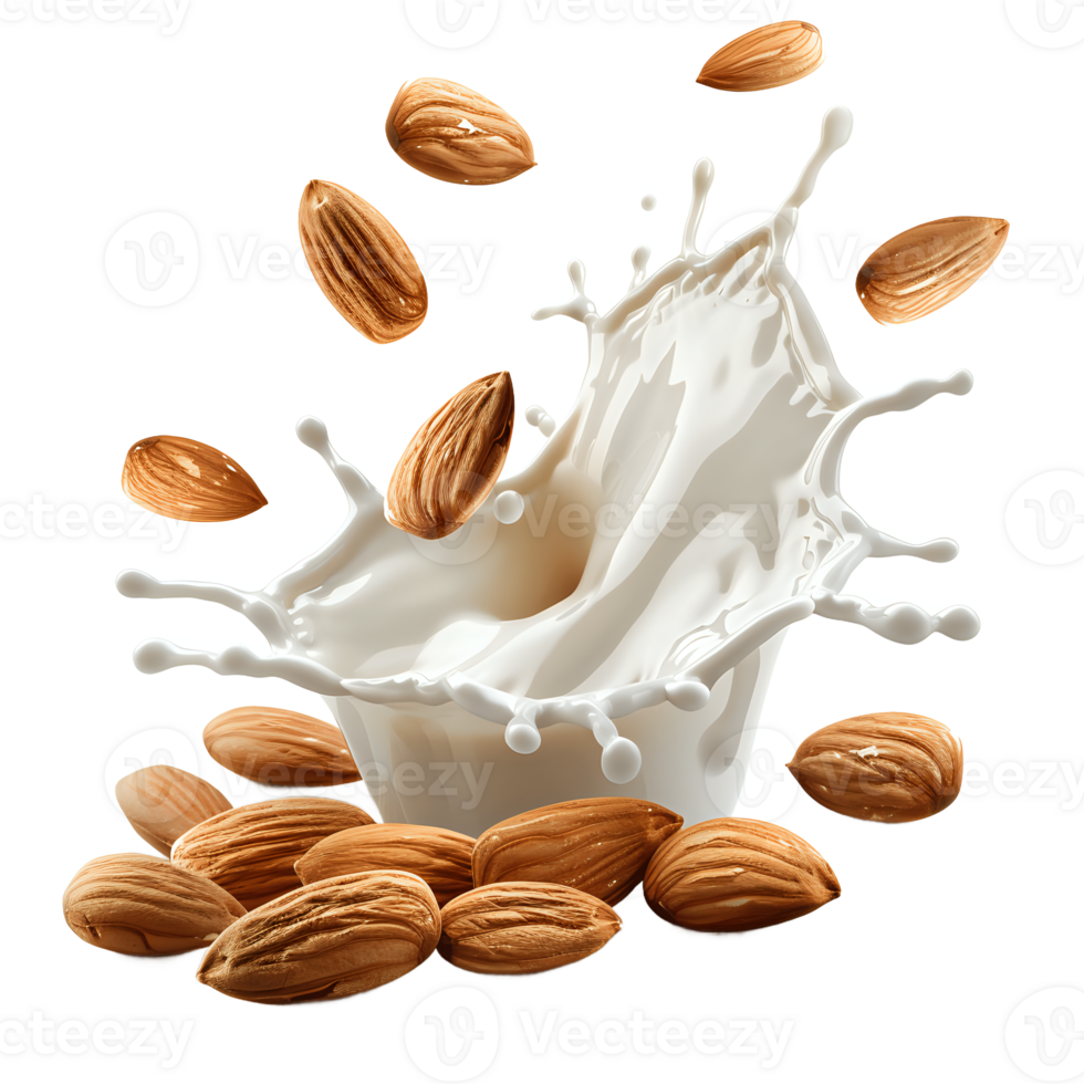 Almond seeds thrown into a bowl of fresh milk Milk splashed out of the cup. png