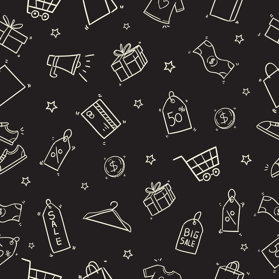Black Friday Seamless Pattern doodle Of Shopping Icons elements Illustration black and white. vector