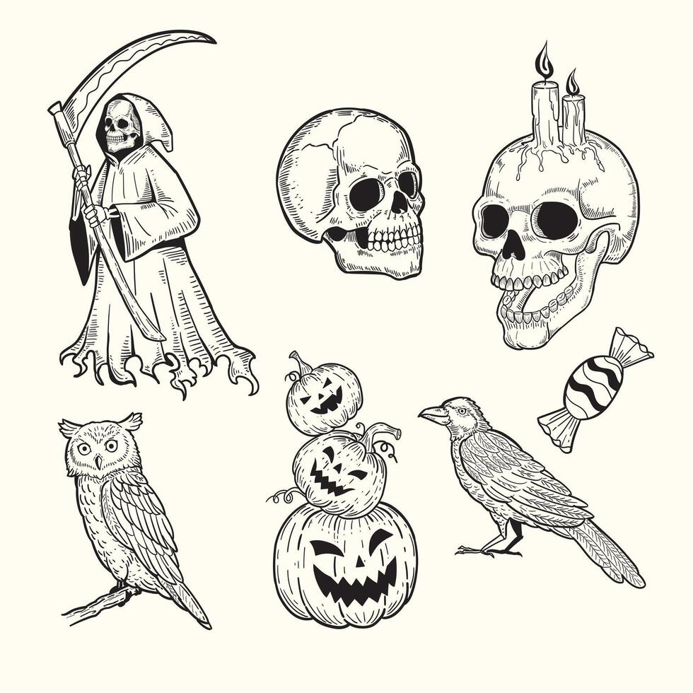 Collection of hand drawn sketch doodle illustrations for Halloween, pumpkins, skulls, owls, crows, grim reaper. vector