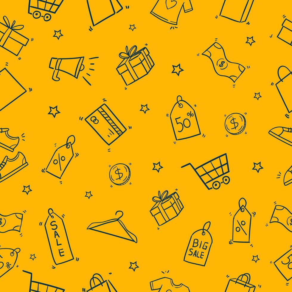Black Friday Seamless Pattern doodle Of Shopping Icons elements Illustration Yellow and Blue. vector