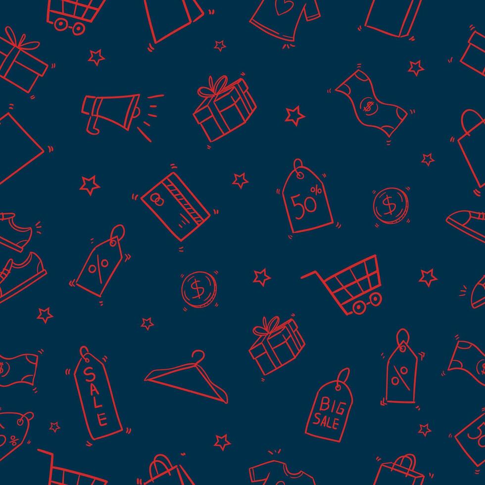 Black Friday Seamless Pattern doodle Of Shopping Icons elements Illustration blue and red. vector