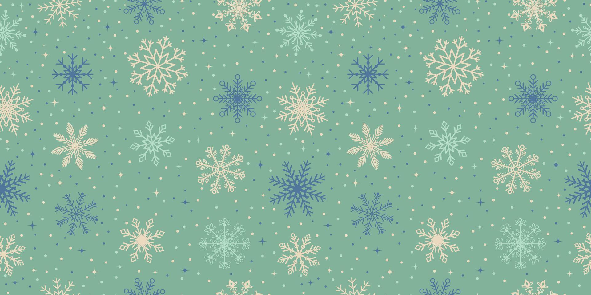 Snowflake seamless pattern design, Christmas, happy new year, winter holidays, cold season snow flakes, snowfall. Green background. vector